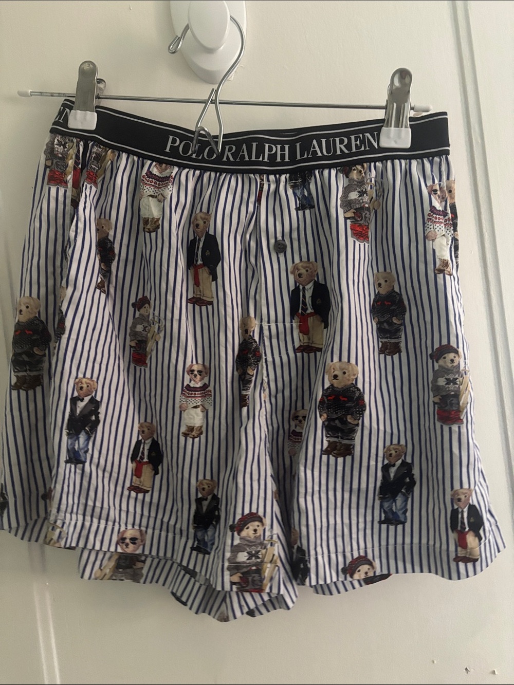 Polo by Ralph Lauren Navy & White Striped Boxer Shorts with Bear Print